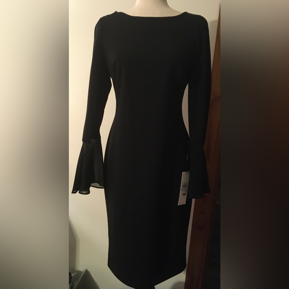 Calvin Klein Elegant Black Long-Sleeve Sheath Dress with Fluted Cuffs - Picture 2 of 6